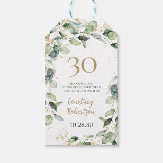 Étiquettes-cadeau 30e anniversaire Eucalyptus Merci (Devant)