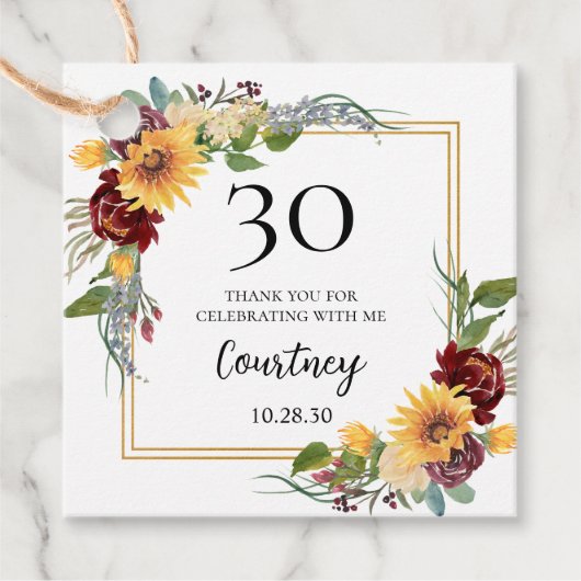 Étiquettes Cadeau 30e anniversaire Merci de tournesols (Devant)