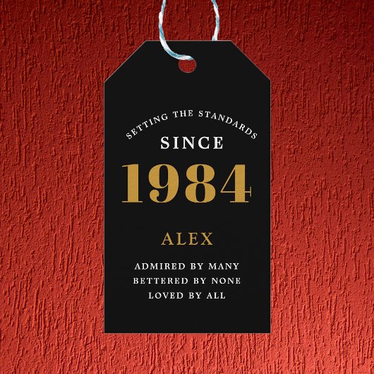 Étiquettes-cadeau 40e Anniversaire Nom 1984 Noir Or Élégant Chic