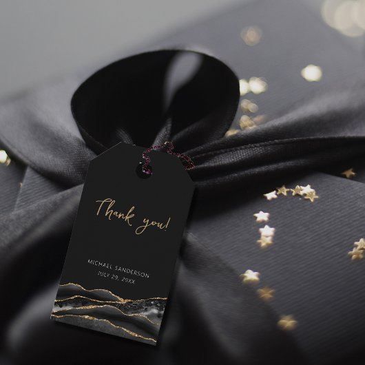 Étiquettes-cadeau 50e anniversaire Bleu Or Agate Merci