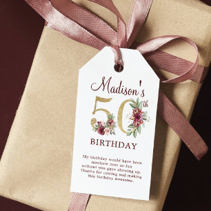Étiquettes-cadeau 50e anniversaire Bourgogne Gold Floral Personnalis