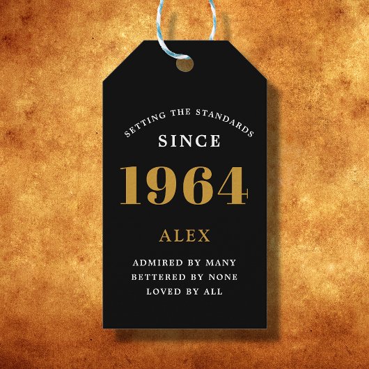 Étiquettes-cadeau 60e Anniversaire Nom 1964 Noir Or Élégant Chic