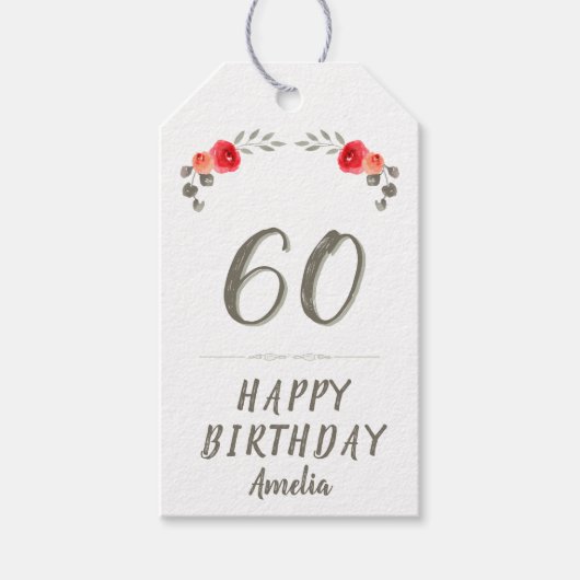 Étiquettes-cadeau 60e anniversaire Script Aquarelle Rose Floral (Devant)