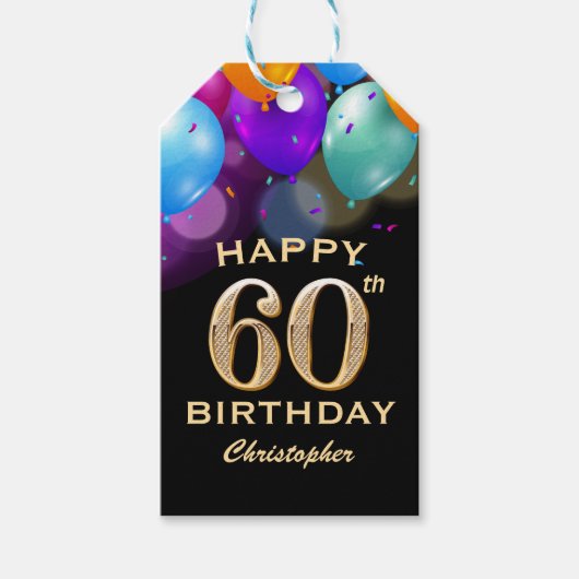 Étiquettes-cadeau 60e fête d'anniversaire Ballons noirs et or (Devant)