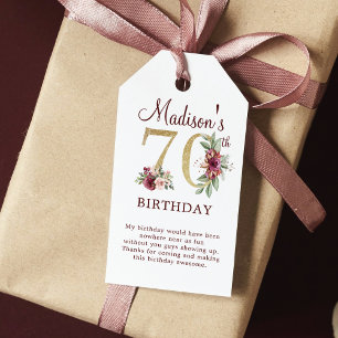 Étiquettes-cadeau 70e anniversaire Bourgogne Gold Floral Personnalis