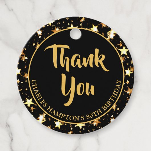 Étiquettes Cadeau 80e anniversaire Black Gold Stars MERCI (Devant)