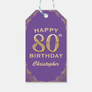 Étiquettes-cadeau 80e anniversaire fête violet et Parties scintillan