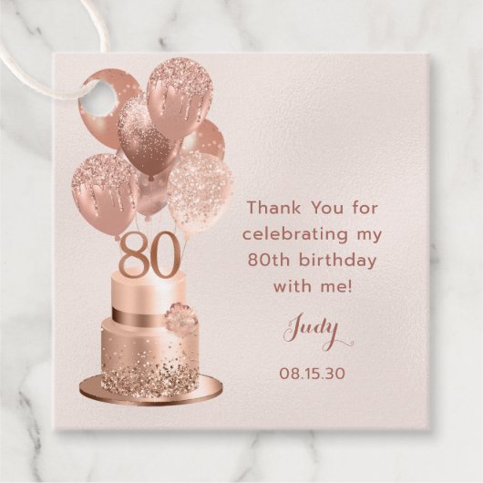 Étiquettes Cadeau 80e anniversaire Rose Gold Cake (Devant)