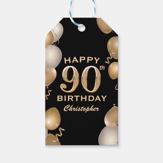 Étiquettes-cadeau 90e fête d'anniversaire Ballons noirs et or (Devant)