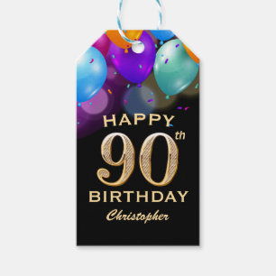 Étiquettes-cadeau 90e fête d'anniversaire Ballons noirs et or