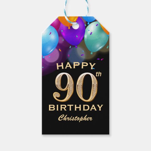 Étiquettes-cadeau 90e fête d'anniversaire Ballons noirs et or (Devant)