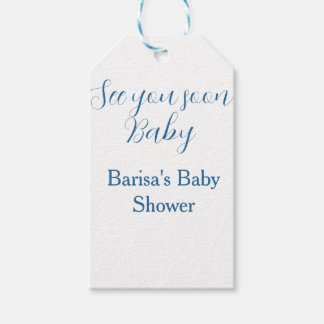 Étiquettes-cadeau à bientôt baby shower bleu nom date simple