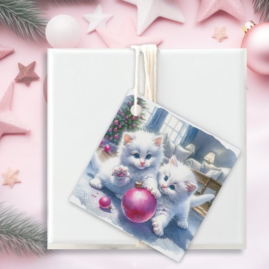 Étiquettes Cadeau adorable chatons blancs Noël rose