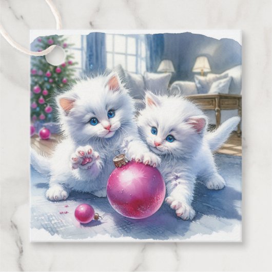 Étiquettes Cadeau adorable chatons blancs Noël rose (Devant)