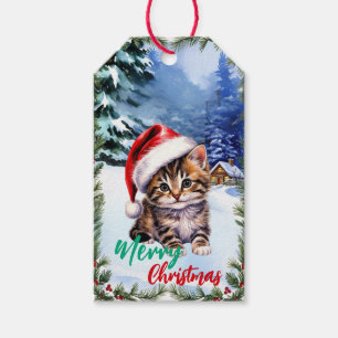 Étiquettes-cadeau adorable Joyeux chat d'hiver chaton père Noël