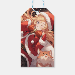 Étiquettes-cadeau Adorable Père Noël Anime Girl sac de cadeaux et ch