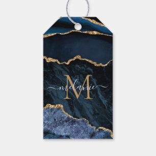 Étiquettes-cadeau Agate Marine Blue Gold Gemstone Marble Nom du mono