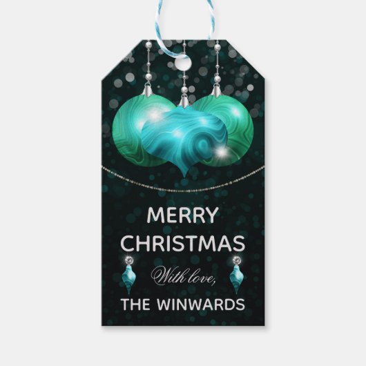 Étiquettes-cadeau Agate Turquoise & argent Baubles Joyeux Noël (Devant)