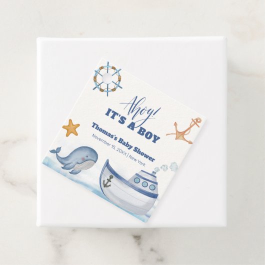 Étiquettes Cadeau Ahoy Boy Whale Baby shower de bateau à voile (En situation)