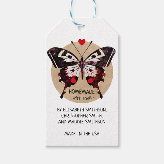 Étiquettes-cadeau Ajouter Votre Nom Papillon & Coeur Fait Maison Ave (Devant)