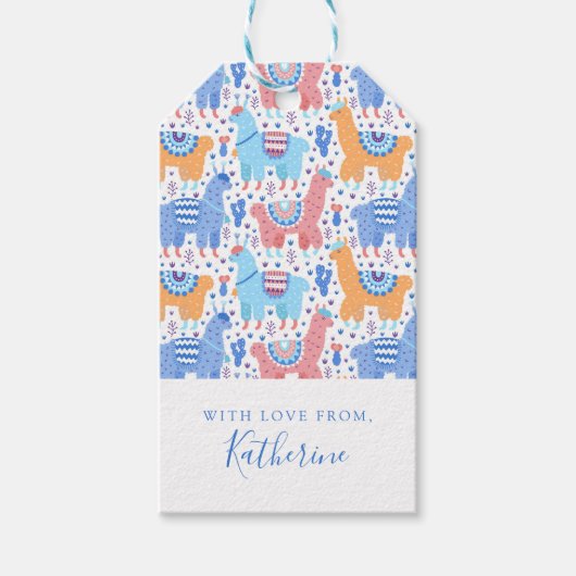 Étiquettes-cadeau Ajoutez votre nom | Motif Alpaca coloré clair (Devant)