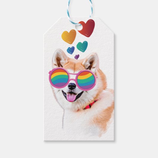 Étiquettes-cadeau Akita Chien avec Coeurs Saint Valentin (Devant)