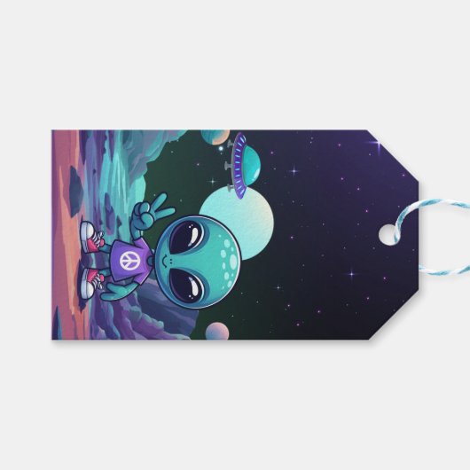 Étiquettes-cadeau Alien de paix mignon et vaisseau spatial (Devant (Horizontal))