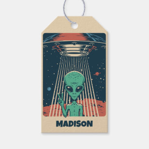 Étiquettes-cadeau Alien UFO de nom personnalisé