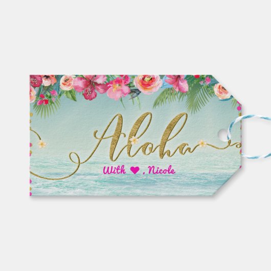 Étiquettes-cadeau ALOHA Gold Plage tropicale Hibiscus Floral Faveur (Devant (Horizontal))