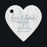 Étiquettes Cadeau Amour et Merci Rustic Beach Starfish Forme de coeu<br><div class="desc">Heart Shape Favor Tag pour un mariage rustique à la plage avec une illustration vintage d'étoiles de mer et une police de serif classique et élégante calligraphie écriture manuscrite "amour et merci" avec des noms et date mariage. Utilisez l'outil de conception pour modifier les couleurs ou les polices afin de...</div>