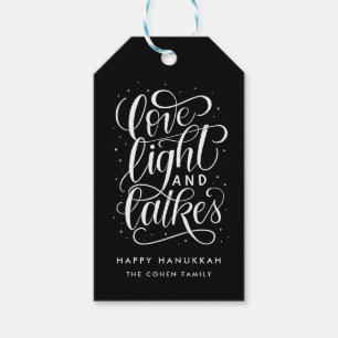 Étiquettes-cadeau Amour Lumière et Latkes sur le Hanukkah noir