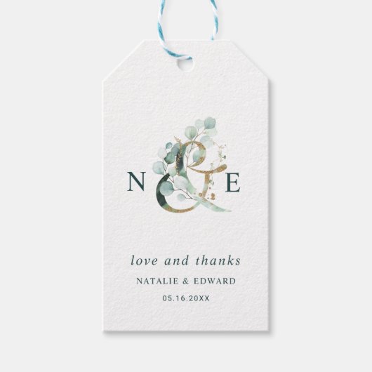 Étiquettes-cadeau Ampersand botanique Merci Mariage vert or (Devant)