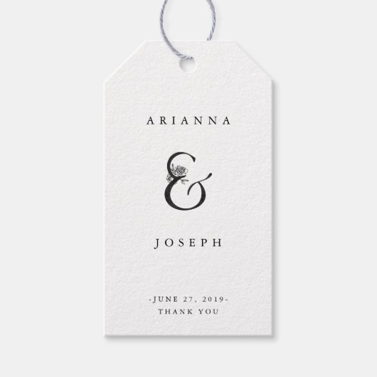 Étiquettes-cadeau Ampersand floral | Mariage noir et blanc (Devant)