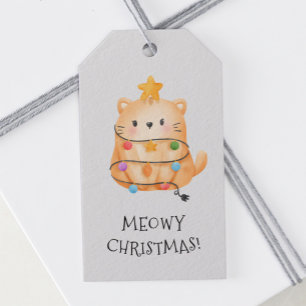 Étiquettes-cadeau Amusante Chat Meowy Feux de Noël Aquarelle