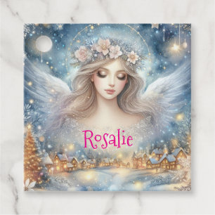 Étiquettes Cadeau Ange de neige givré éthéré bleu festif