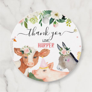 Étiquettes Cadeau Animaux de ferme floraux roses Anniversaire Merci
