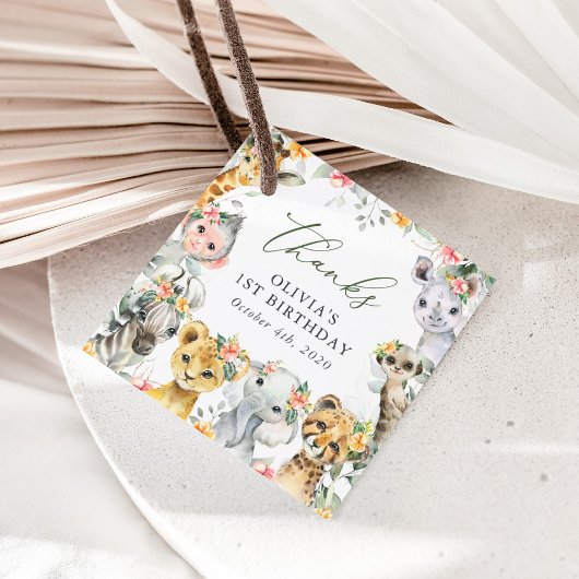 Étiquettes Cadeau Animaux de la jungle, Safari, Fleurs, Premier Anni