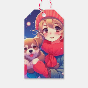 Étiquettes-cadeau Anime Girl with Puppy Christmas
