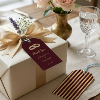 Étiquettes-cadeau Anneaux de mariage classiques Auburn Brun et Or à