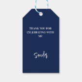 Étiquettes-cadeau Anniversaire bleu foncé blanc script merci (Dos)