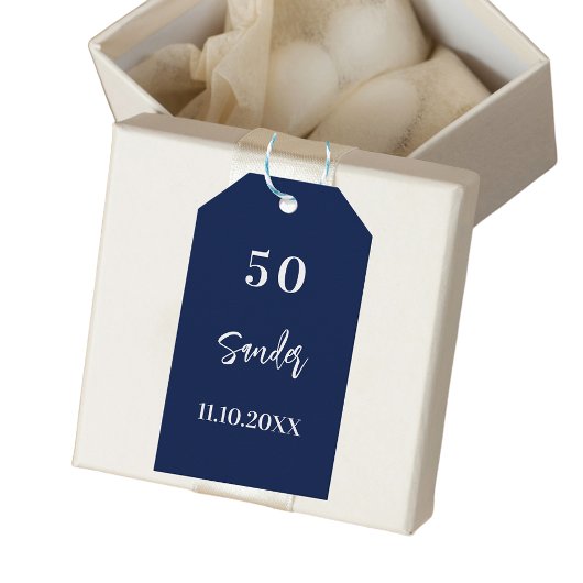 Étiquettes-cadeau Anniversaire bleu foncé blanc script merci