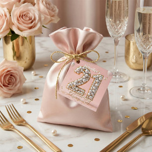 Étiquettes Cadeau Anniversaire de 21 ans rose poudré et perles dorée
