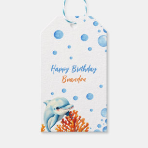 Étiquettes-cadeau Anniversaire de enfant dauphin de corail bleu et o