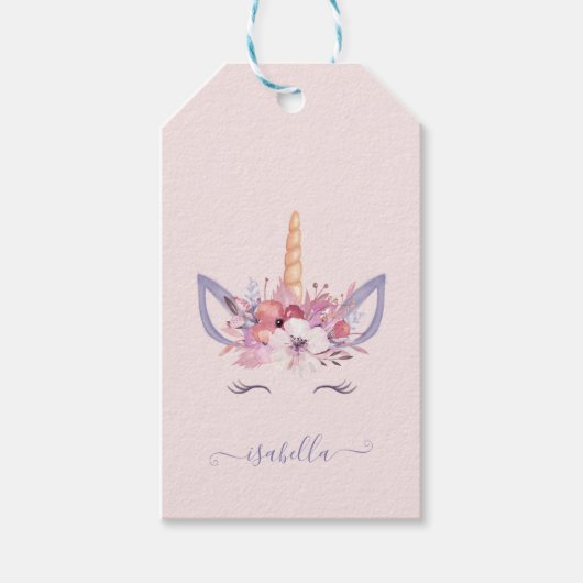 Étiquettes-cadeau Anniversaire de l'aquarelle florale de licorne (Devant)