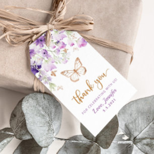 Étiquettes-cadeau Anniversaire de papillon fleur sauvage pourpre