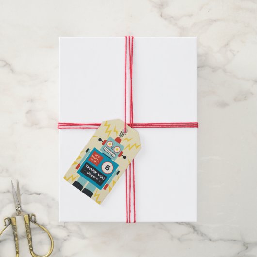 Étiquettes-cadeau Anniversaire de Robot Jouet Ancien (Avec de la ficelle)