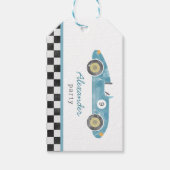 Étiquettes-cadeau anniversaire de voiture de course bleue (Devant)