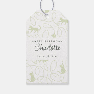 Étiquettes-cadeau Anniversaire Motif Chat Vert Sauge Clair Ludique