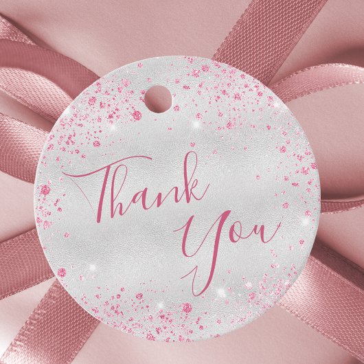 Étiquettes Cadeau Anniversaire rose argent brillant merci