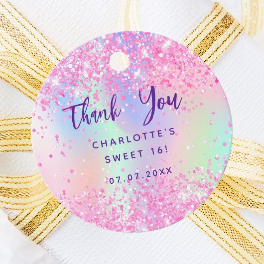 Étiquettes Cadeau Anniversaire rose holographique merci